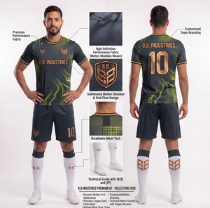 Ensemble de maillots de football personnalisés sublimés en obsidienne foncée, kit de football respirant en mesh technique, chaussettes techniques propres, vêtements d'équipe OEM - Product Image 1