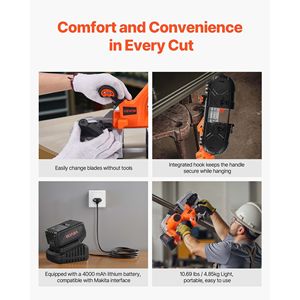 Sega a Nastro Portatile 20V, Taglio Profondo 2,56 Pollici, Motore Brushless 360W, Batteria 4.0 Ah, Sega Compatta Senza Fili AC 110V - Product Image 6