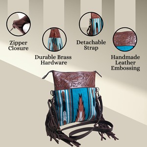 Sac bandoulière en cuir véritable pour femme avec franges – Cuir gaufré artisanal et design couverture de selle turquoise - Product Image 4