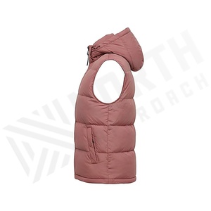 Gilet matelassé à capuche pour femme, hiver, rose, rembourrage en polyester, fermeture à boutons, longueur normale, couleur unie, tissu tissé - Product Image 3