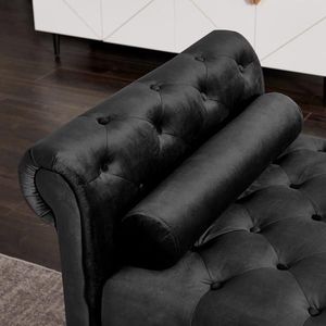 Black Rectangular Velvet <b>Sofa</b> Bench with Solid Wood Legs & Attached Cylindrical Pillows for <b>Living</b> <b>Room</b> - Product Image 3