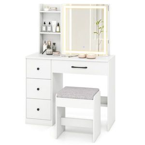 Ensemble tabouret et coiffeuse blanche avec bande LED 3 modes, anti-renversement, et grand rangement pour maquillage - Product Image 3