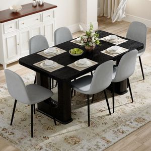 Elegante Set da Pranzo in Legno Nero 164 x 90 cm Abbinato a 6 Sedie in Lino Cotone Grigio Chiaro - Product Image 1