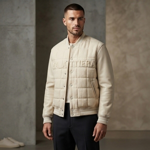 Blouson Bomber matelassé en laine et cuir pour homme, personnalisé avec broderie, col en tricot côtelé, vêtement d'extérieur haut de gamme - Product Image 2