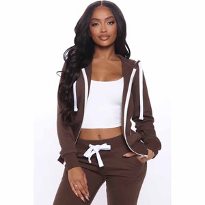 <b>Women</b> Brown Hooded Zipper Sweatshirt <b>Set</b> Solid Color Casual Knitted Full Sleeve Autumn Wear - Product Image 1