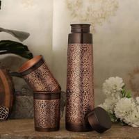 Bouteille d'eau vintage en cuivre avec couvercle et 2 tasses, gourde de voyage réutilisable en métal avec bouchon à vis pour adultes, randonnée et usage extérieur
