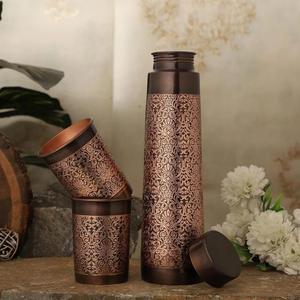 Vintage Copper Water <b>Bottle</b> With Lid And 2 Cups Reusable Metal Travel Flask Screw-On Cap For Adults Hiking Outdoor Use - Product Image 2