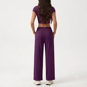 Custom Women Athletic Tracksuit Short Sleeve <b>Crop</b> <b>Top</b> Wide Leg Pants Activewear Set Fitness Gym Workout Two Piece Outfit - Product Image 2