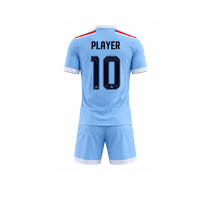 Maillot de football personnalisé sublimé pour homme, manches longues, blanc et bleu, blocs de couleur, anti-humidité, 100 % polyester, ensemble uniforme - Product Image 2