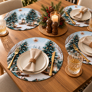 Set de table rond de Noël imprimé avec des arbres enneigés, des lanternes et des cadeaux, motif classique de décoration intérieure - Product Image 4