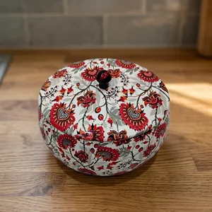 Wood Handcrafted Salad Bowl with Lid Floral Print <b>Red</b> White Round Serving Kitchen Decor <b>Microwave</b> & Oven Safe From Uttarakhand - Product Image 1
