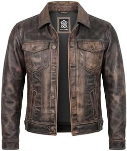 Blouson moto en cuir de vachette marron délavé pour homme, grande taille, col rabattu, fermeture boutonnée, coupe classique, couleur unie, pour l'automne - Product Image 1