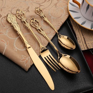 Vintage <b>Gold</b> Plated Flatware Set With <b>Ornate</b> Handles <b>Mirror</b> Polish Rust Resistant Metal Cutlery Wedding Tableware - Product Image 1