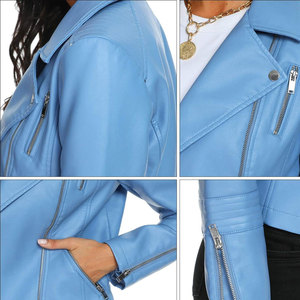 Blouson moto en cuir PU bleu clair pour femme, manches longues, fermeture éclair, col rabattu, coupe courte, couleur unie, idéal pour l'automne - Product Image 2