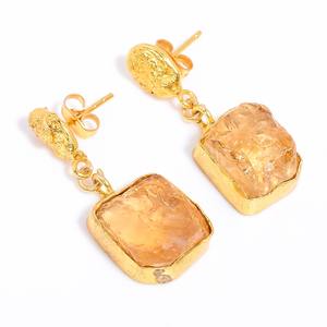 ต่างหูชุบทองคุณภาพสูงต่างหูชุบทอง2.5ไมครอนเครื่องประดับทองเหลืองอัญมณีควอตซ์สีกุหลาบเครื่องประดับโบราณ - Product Image 3