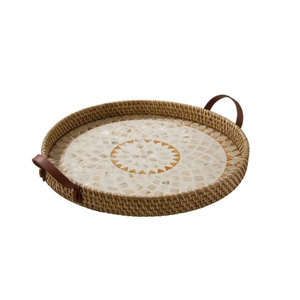 Bohemian Style Round Capiz Shell inlay Rattan Decorative Serving <b>Tray</b> with Handles Stackable <b>Storage</b> <b>Tray</b> from Vietnam - Product Image 2