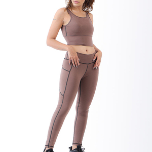 High Waist Seamless Eco-Friendly Quick-Dry Yoga Set Solid Color Two Piece <b>Crop</b> <b>Top</b> Full Length Leggings Contrast Stitch Four-Way - Product Image 4