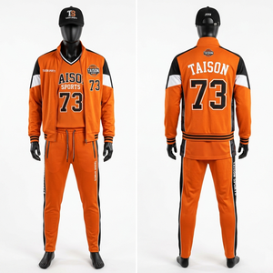 ชุดวอร์มบาสเก็ตบอลชาย ผ้าถักโพลีเอสเตอร์คุณภาพสูง 230 GSM สีส้ม แต่งแถบสีกรมท่า ปักลายปักแบบกำหนดเอง - Product Image 3