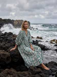 Floral Print V-Neck Midi <b>Dress</b> with Puff Sleeves <b>Loose</b> Boho Style Summer Casual Woven Formal Natural Waist - Product Image 4