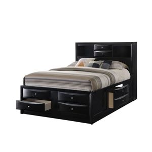 Contemporary 1pc Queen Captain Platform Bed with <b>Bookcase</b> Shelves and Side Storage <b>Solid</b> <b>Wood</b> Bedroom Furniture in Black - Product Image 1
