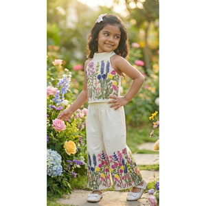 Conjunto coordinado premium para niños, sin mangas, de algodón khadi, con top corto con bordado floral dori, pantalón largo y lazo, para fiestas. - Product Image 5