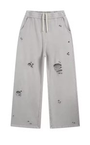 Pantalon de survêtement gris déchiré pour homme, taille élastique avec cordon de serrage, style décontracté, effet usé, tissu en coton respirant, idéal pour l'automne - Product Image 2