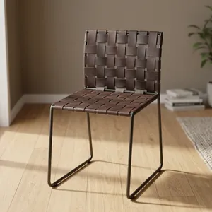 Modern Leather Weave Dining <b>Chair</b> with Metal <b>Legs</b> and Backrest <b>for</b> Home Furniture - Product Image 5