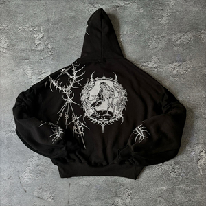 Sweat à capuche court surdimensionné pour homme à imprimé gothique, manches chauve-souris, 100 % coton tricoté, logo au dos, style automne - Product Image 3