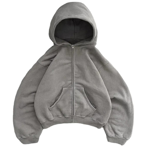 Wholesale Custom <b>Vintage</b> Grey Zip Up Hoodie <b>Sweatshirt</b> Plain Heavyweight Fleece <b>Oversized</b> Drop Shoulder Full Zip Casual Wear - Product Image 2