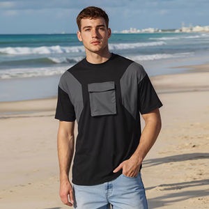 <b>Mens</b> Color Block Cargo Pocket T-<b>Shirt</b> Short Sleeve Black Grey Patchwork Utility Crew Neck Cotton Top Custom Logo OEM ODM - Product Image 1