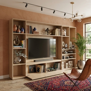 Meuble de rangement mural modulaire, meuble TV avec portes battantes, placage bois naturel, console multimédia, étagère ouverte, rangement pour salon - Product Image 5