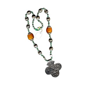 Handcrafted Boho Cross <b>Necklace</b>, Tribal Cross <b>Necklace</b> with Silver Tone Pendant with Green and Amber Beads, <b>Statement</b> Jewelry - Product Image 6