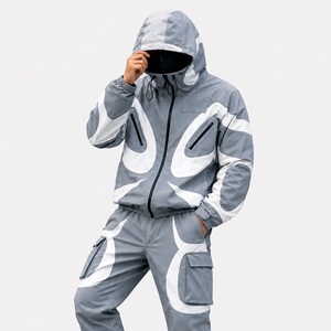 2026 Men's Gray Hooded Tracksuit Full <b>Zip</b> <b>Sweatshirt</b> & Pants Set Geometric Print Streetwear Autumn Wear Windproof 100% Polyester - Product Image 3