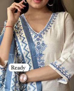 Women Ethnic Embroidered <b>Kurti</b> Set with Dupatta V Neck 3 4 Sleeve Printed <b>Indian</b> Top Ready to Dispatch - Product Image 2