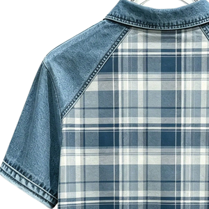 Chemise en denim contrastant à carreaux en polyester/coton pour homme, bleu et blanc, manches courtes, coupe classique, décontractée, respirante, tricotée, pour le golf, été - Product Image 4
