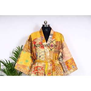 Kimono Ligero de Algodón para Mujer, Diseño Floral, Bolsillos Kantha, Kimono de Lujo Transpirable con Parches - Product Image 4