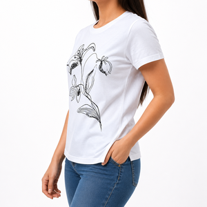 White Floral Print Women <b>T</b>-<b>Shirt</b> Short Sleeve Crew Neck Cotton Casual Wear Regular Fit Jersey Fabric For OEM/ODM Service - Product Image 2