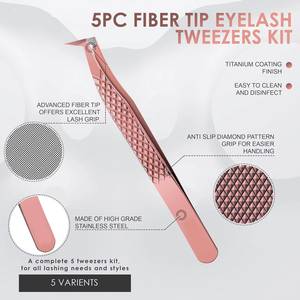 Ensemble de pinces à cils en or rose, 6 pièces, en acier inoxydable de précision avec motif diamanté pour le soin des sourcils et des cils - Product Image 6