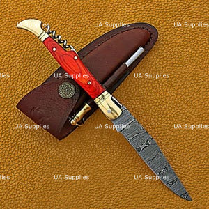 High Quality Handmade Damacsus Steel Camping Folding Pocket Knife Straight Bottle Opener Cork Screw OEM ODM Available Industrial - Product Image 4