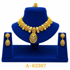 ชุดเครื่องประดับดอกไม้ชุบทอง 24K คลาสสิก สร้อยคอ ต่างหู สำหรับผู้หญิง งานแต่งงาน โลหะผสม A-63305 - Product Image 3