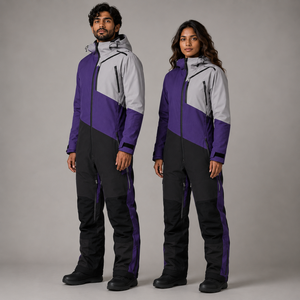 Combinaison de ski unisexe, couleurs violet, gris, noir, à blocs de couleur, avec capuche, fermeture éclair, imperméable, pour adulte - Product Image 4