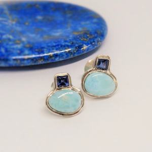 Pendientes de Plata de Ley 925 con Gemas Naturales de Larimar y Lolita en Forma de Pera, Joyería Moderna para Mujer para Bodas y Fiestas - Product Image 6