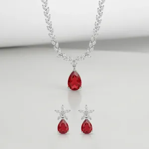 Parure Classique Plaqué Argent Zirconium avec Pierres Rouges Taillées Poire et Motif Floral pour Femme, Idéale pour Mariage Indien, Fiançailles, Mariée - Product Image 3
