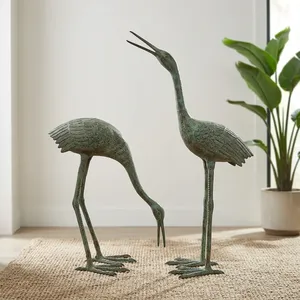 Paire de figurines de grue en bronze faites à la main, finition patinée, sculpture animale minimaliste, décoration de table, présentation pour salon - Product Image 4