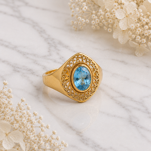 Women's Ethnic Blue Topaz <b>Ring</b> Solid 925 Sterling <b>Silver</b> Yellow Gold Plated Ornate Filigree Shield <b>Band</b> Oval Gemstone <b>Ring</b> - Product Image 2