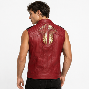 Men's Punk Rock Red PU Leather Vest Slim Fit Motorcycle Biker Sleeveless Jacket Contrast Color Zipper Waistcoat Streetwear - Product Image 2