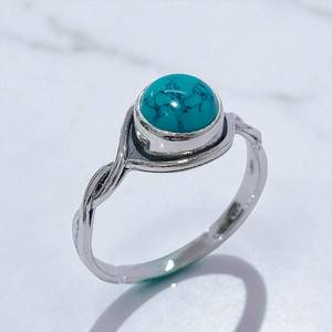 แหวนพลอยเทอร์ควอยซ์ทรงกลมธรรมชาติและแหวนพลอยมูนสโตนสีรุ้ง พร้อมแหวนเงินแท้ 925 ราคาขายส่ง เครื่องประดับเงิน - Product Image 3