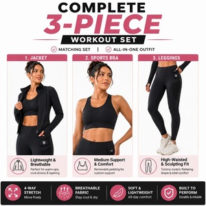 3 Piece Womens <b>Workout</b> Set – Sports Bra, Jacket & High-Waist <b>Leggings</b> Yoga Set Top seam less black <b>with</b> <b>pockets</b> - Product Image 3