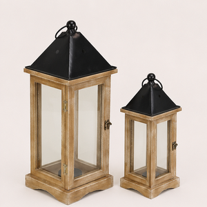 Farmhouse Decorative Wooden <b>Lantern</b> <b>Set</b> with Metal Top Rustic Vintage Wood Candle Holder for Home Decor Garden Light - Product Image 3