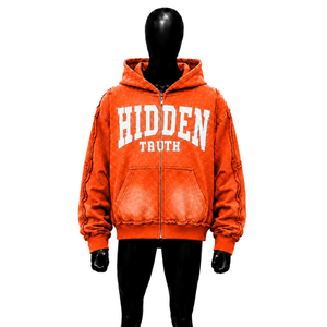 Sudadera con capucha con cremallera naranja Hidden Truth para hombre, estilo clásico urbano, de lujo premium para invierno, con diseño gráfico de moda urbana. - Product Image 1